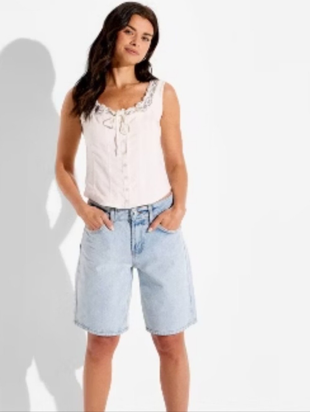 NWT Wild Fable White Button-Front Boho Lace-Trim Linen Tank Top Women's - Size M